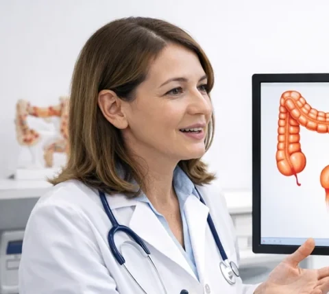 Una dottoressa spiega a un paziente un’illustrazione del colon su un monitor